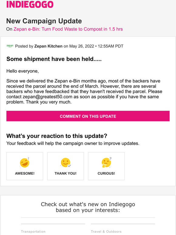 Indiegogo Update 7 from Zepan eBin Turn Food Waste to Compost in 1.