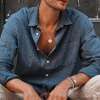 Men's Shirt Solid Color Turndown Street Casual Button-Down Long Sleeve Tops Casual Fashion Breathable Comfortable Blue