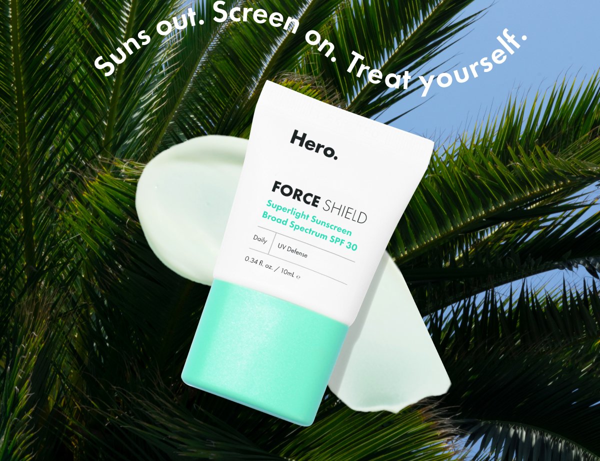 SPF Mini product image and swatch on palm tree background