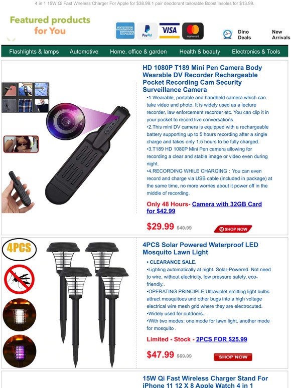 HD Mini Pen Wearable Recorder Camera for $29.99.$47.99 4PCS Solar lawn Mosquito Light.