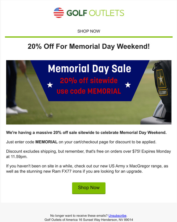 20% off for Memorial Day at Golf Outlets