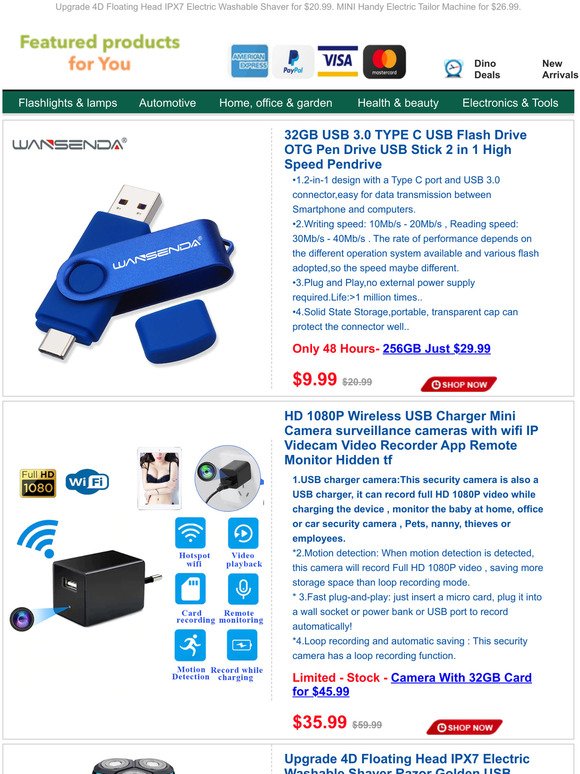 32GB 2 in 1 USB Flash Drive Only $9.99.1080P Wireless USB Charger Mini Camera for $35.99.