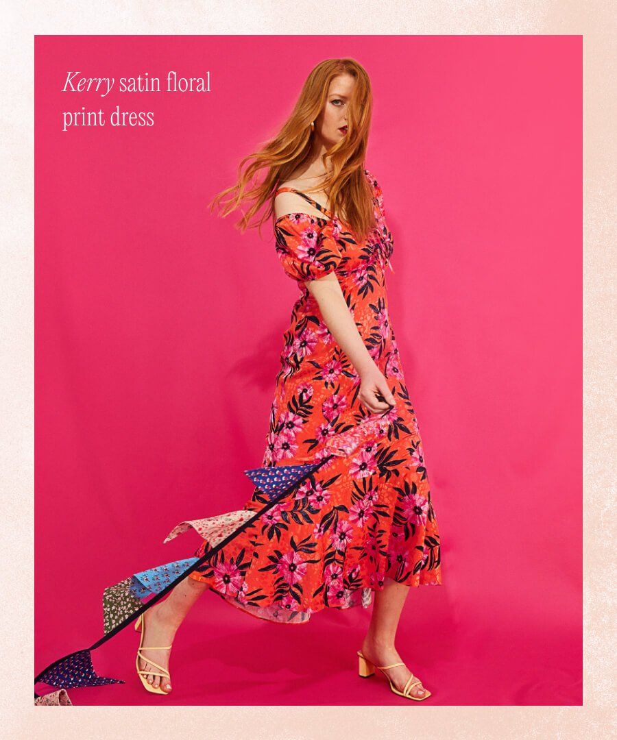Kerry satin jacquard floral print dress orange
