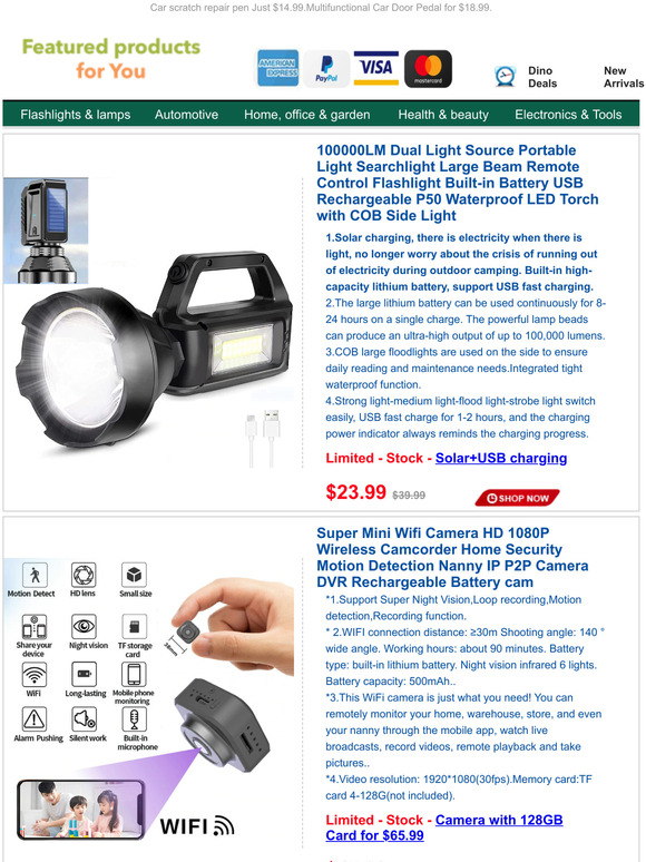 100000LM Solar charging P50 Flashlight Just $23.99.Super Mini HD Wifi P2P Camera FOR $45.99.