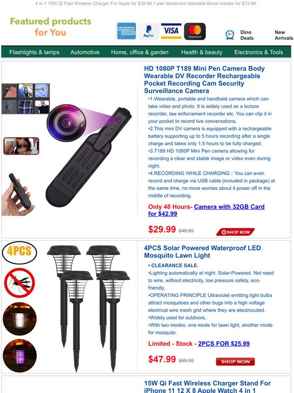 HD Mini Pen Wearable Recorder Camera for $29.99.$47.99 4PCS Solar lawn Mosquito Light.