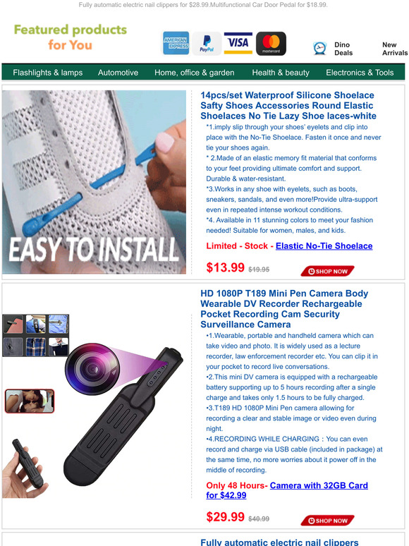 14pcs Elastic No-Tie Shoelace Just $13.99.HD Mini Pen Wearable Recorder Camera for $29.99.