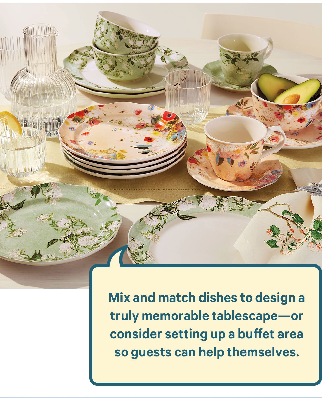 Mix and match dishes to design a truly memorable tablescape - or consider setting up a buffet area so guests can help themselves.