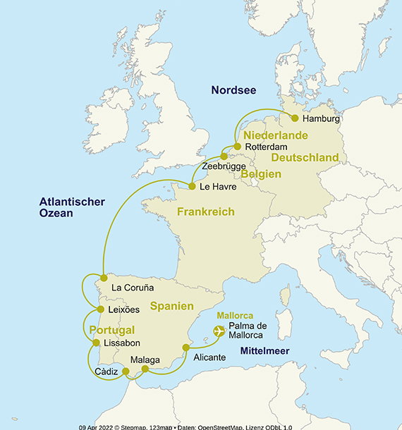 Karte der Kreuzfahrt mit AIDAprima.