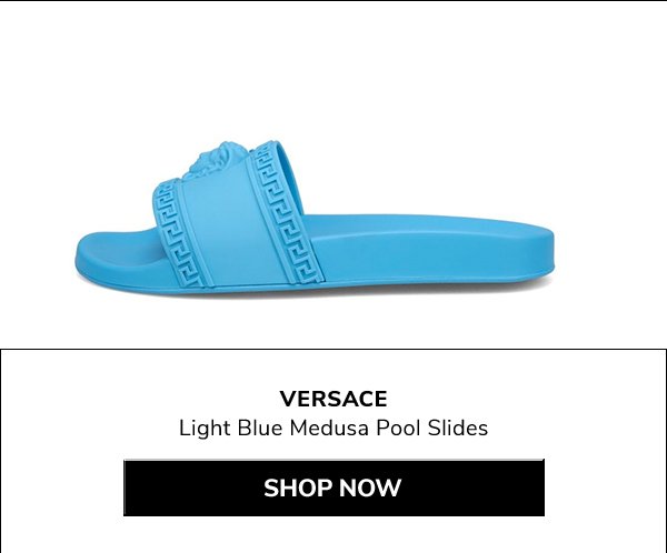 Versace, Light Blue Medusa Pool Slides- shop now
