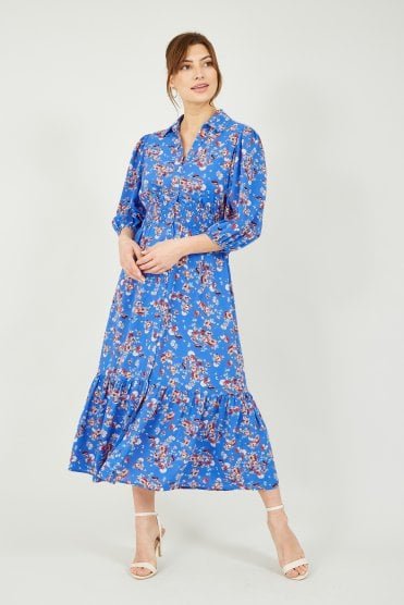 Blue Floral Midi Shirt Dress