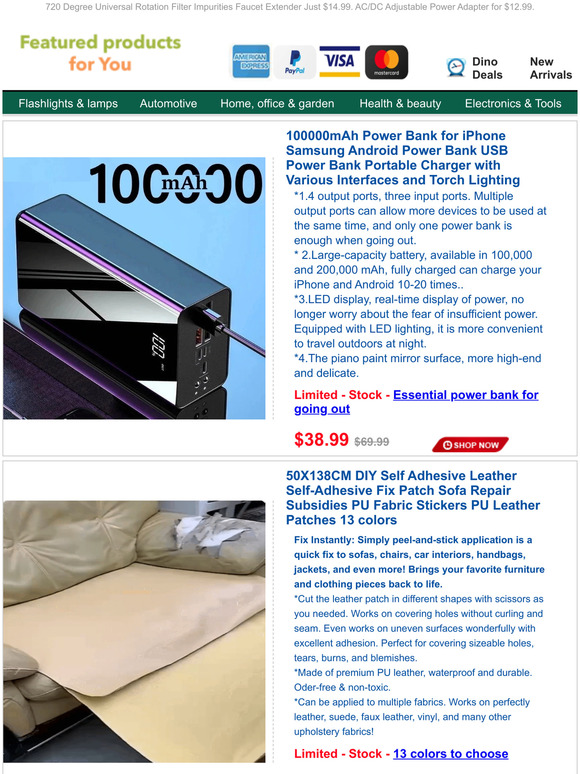 Dear Friend:100000mAh Phone Power Bank for $38.99.Oversized Leather Repair Subsidy for $25.99.