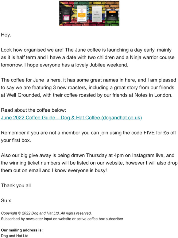 Dog and Hat June Coffee Launch Milled