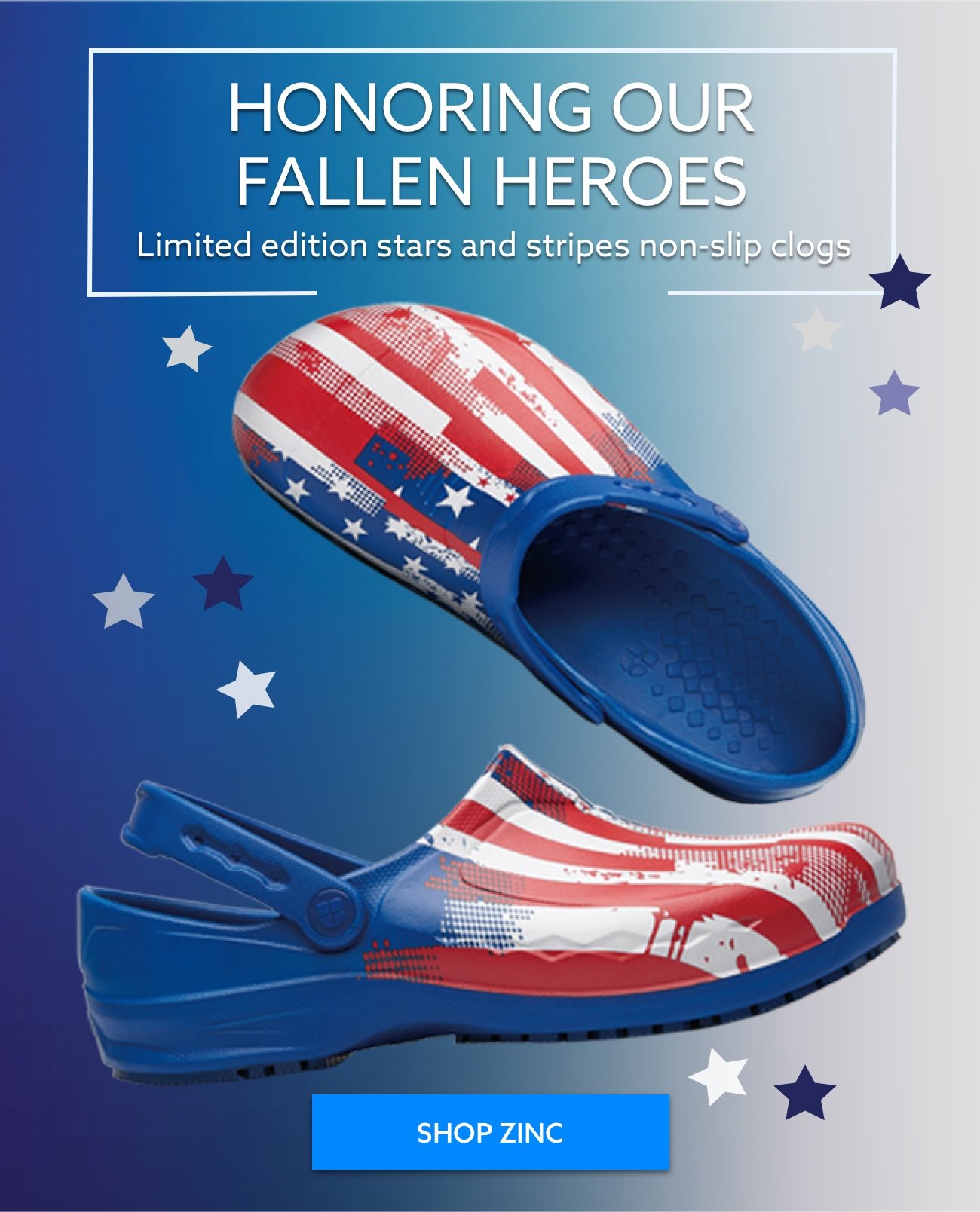 Shop limited-edition Stars and Stripes Zinc clogs.