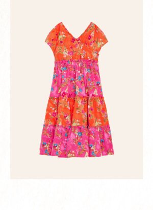 Tiered floral dress in recycled polyester pink