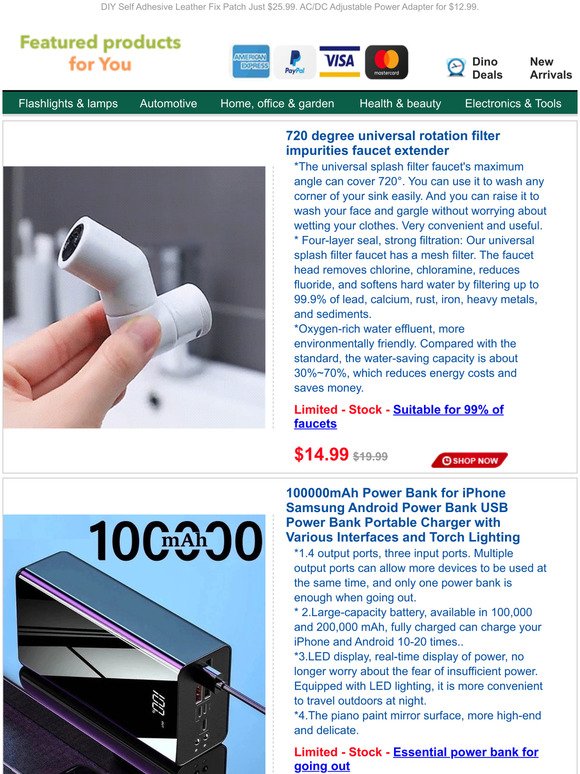 720-degree Rotary faucet extender Just $14.99.100000mAh High Power Power Bank for $38.99.