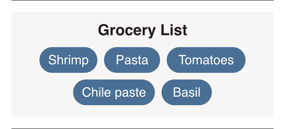 Grocery List: Shrimp, Pasta, Tomatoes, Chile paste, Basil