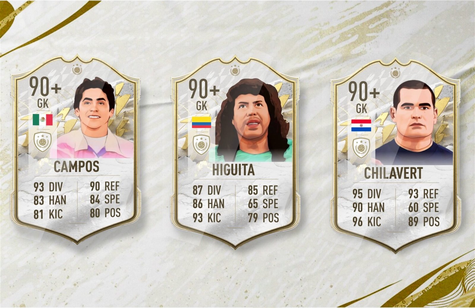 Illustrations of football goalkeepers Campos, Higuita, and Chilavert in video game cards.