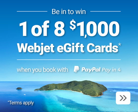 Be in to WIN 1 of 8 $1,000 Webjet eGift Cards when you book with PayPal Pay in 4