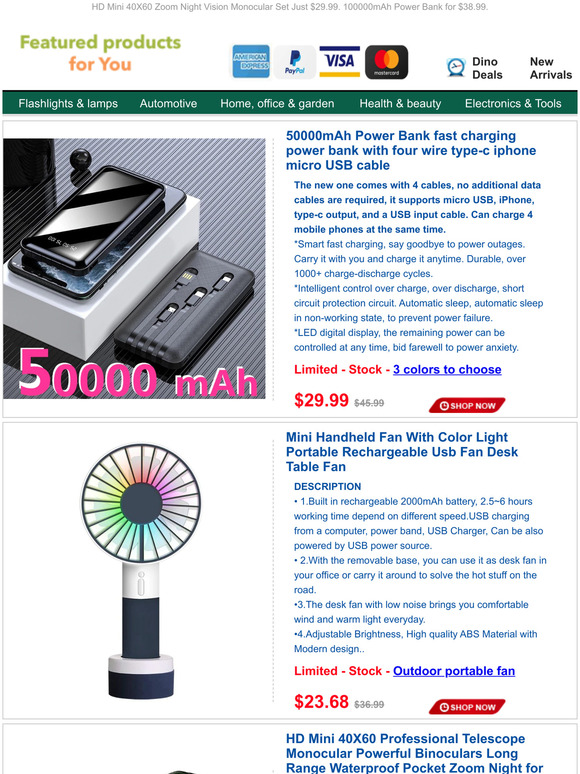 50000mAh Power Bank with charging cable Just $29.99.Mini Handheld Fan for $23.68.