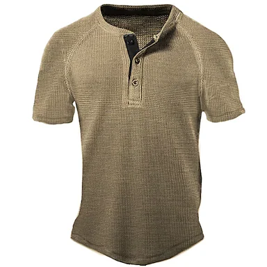 Men's Henley Shirt T shirt Solid Color Henley Street Casual Button-Down Short Sleeve Tops Basic Fashion Classic Comfortable Brown