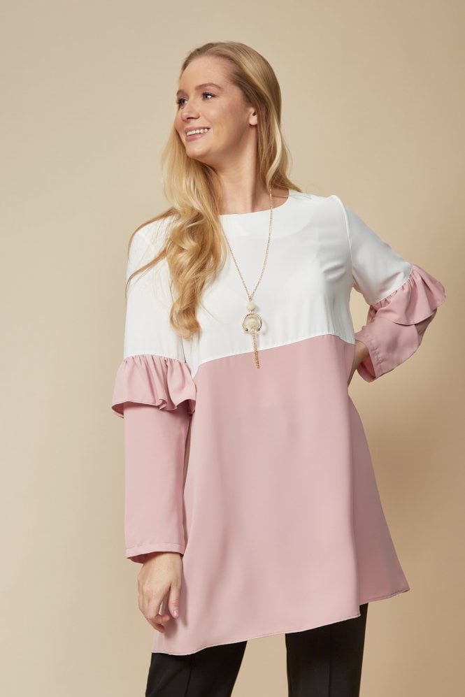 Colour Block Top with Frill Detailed on Sleeve in White and Blossom