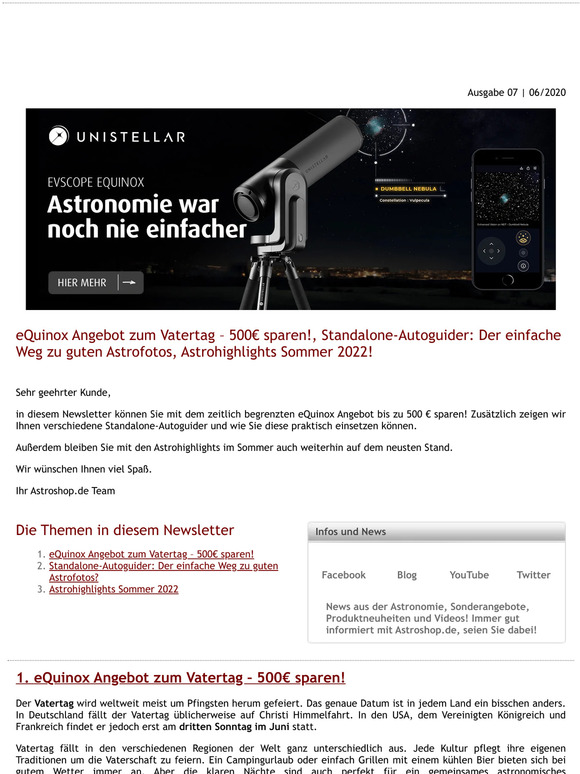 eQuinox Angebot zum Vatertag  500 sparen!, Standalone-Autoguider: Der einfache Weg zu guten Astrofotos, Astrohighlights Sommer 2022!