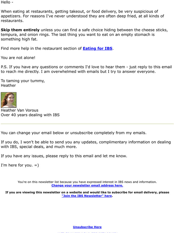 Heather''s Tummy Care IBS Restaurant Tip. Be suspicious of appetizers