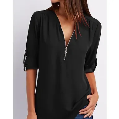 Women's Blouse Shirt Zipper Basic Plain Daily V Neck T-shirt Sleeve Regular Summer White Black Pink Grey Dark Blue