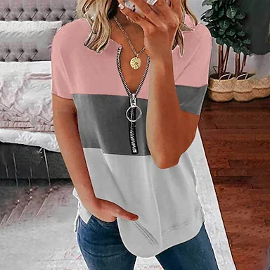 Women's zipper v-neck colorblock t-shirt Top Summer
