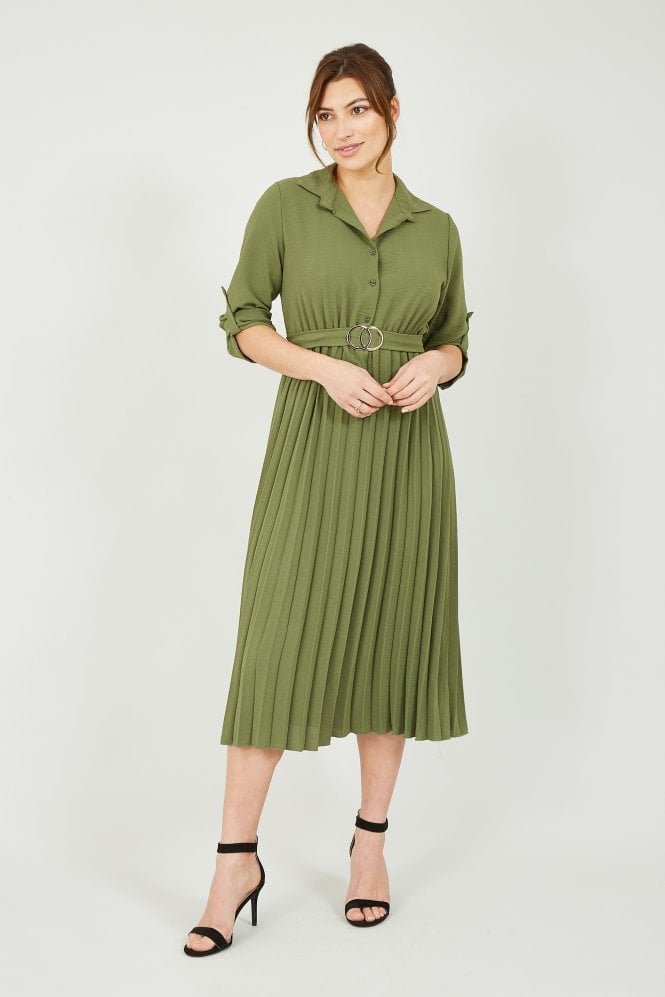 Mela Khaki Pleated Skirt Midi Shirt Dress