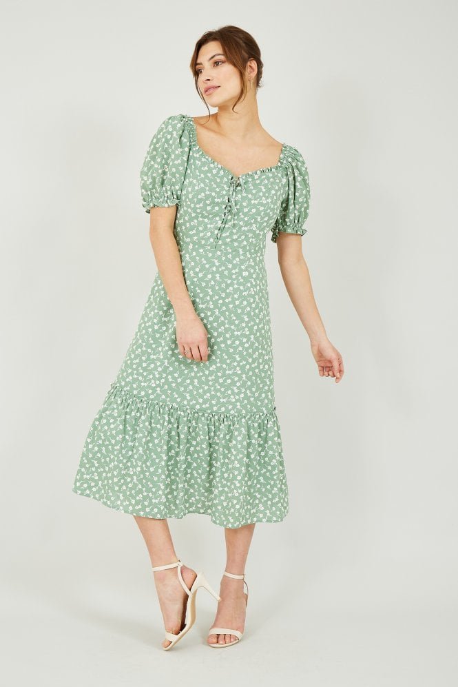 Yumi Green Ditsy Print Gypsy Midi Dress