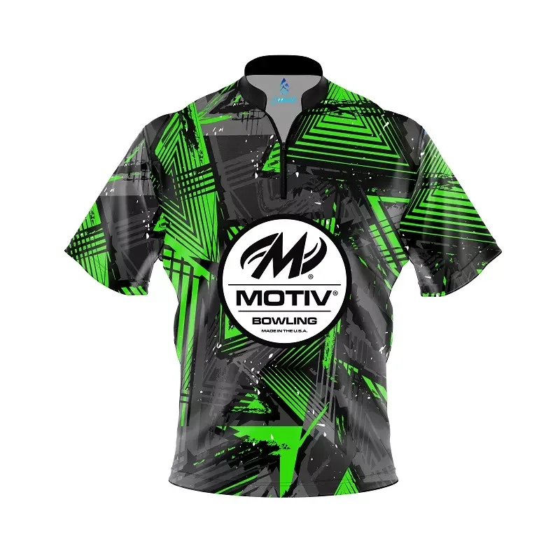 Image of Motiv Green Triangles Quick Ship CoolWick Sash Zip Bowling Jersey