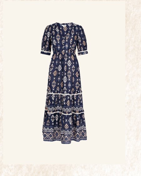 V-neck button ikat print midi dress in sustainable cotton blue