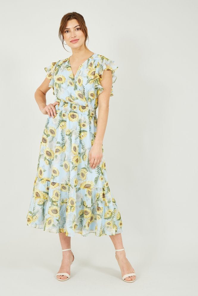 Yumi Blue Sunflower Print Midi Dress
