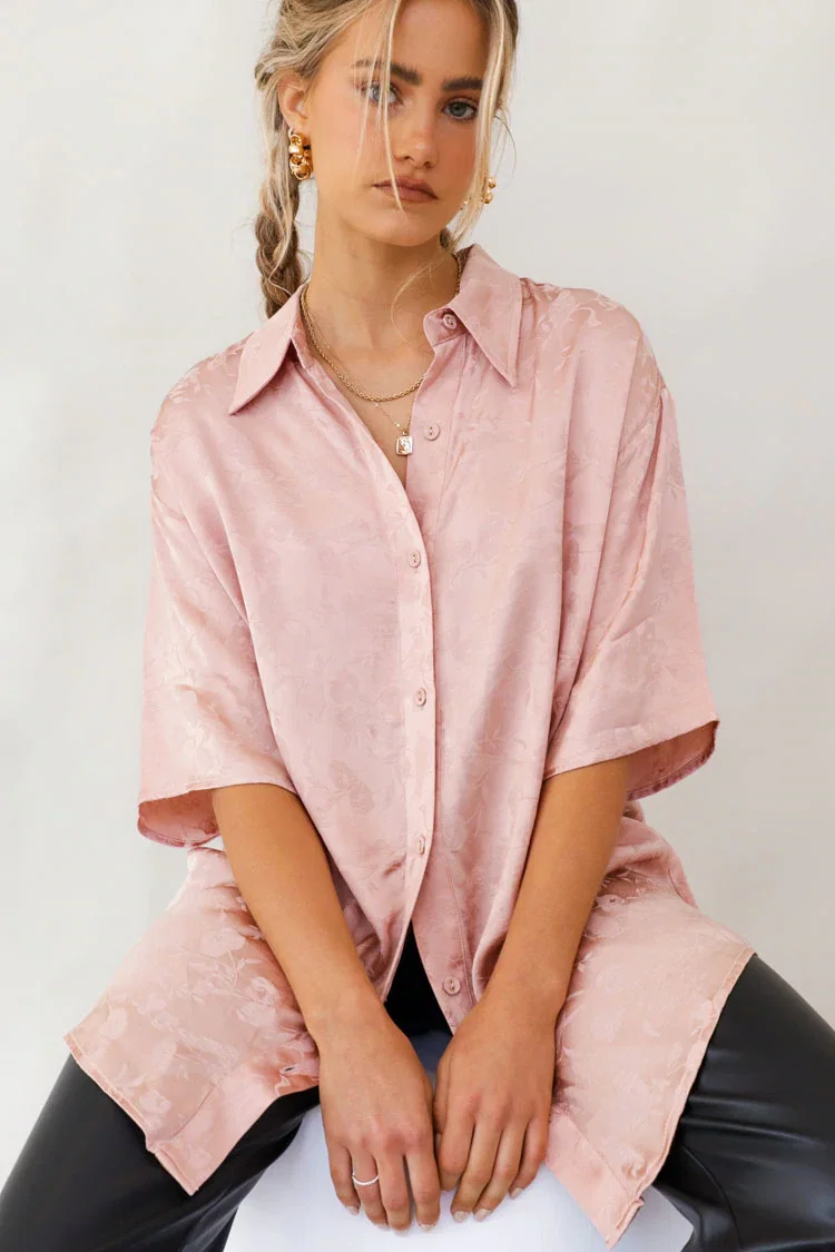 Image of VRG GRL Keep Driving Button Up Shirt // Blush