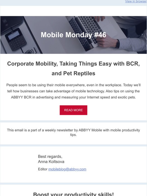 Mobile Monday #46: Corporate Mobility, Taking Things Easy with BCR, and Pet Reptiles
