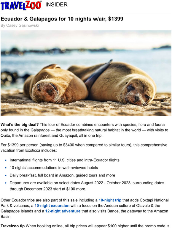 Travelzoo Ecuador & Galapagos for 10 nights w/air, 1399 Milled