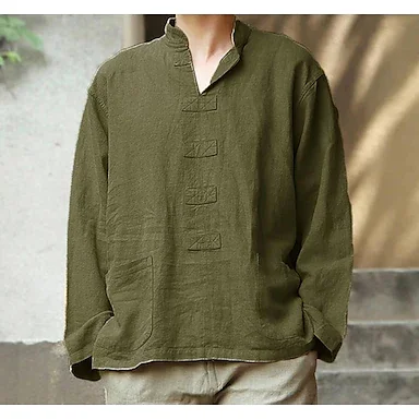 Men's T shirt Tee non-printing Solid Colored V Neck Daily Long Sleeve Tops Cotton Basic Green Gray Khaki