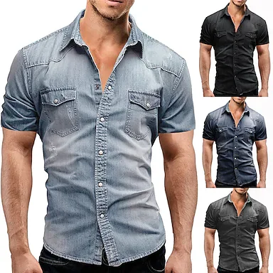 Men's Shirt Solid Color Turndown Casual Daily Button-Down Short Sleeve Tops Cotton Casual Fashion Breathable Comfortable Light gray Dark Gray Navy Blue