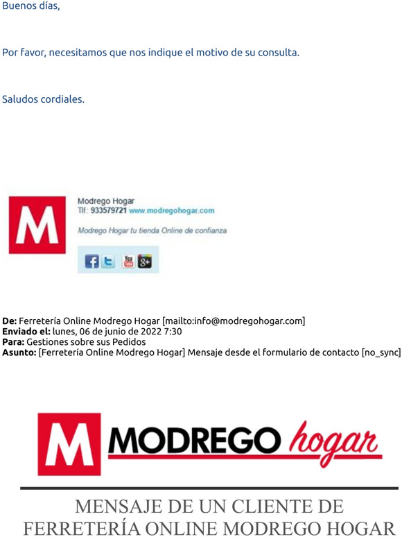 RE: [Ferretera Online Modrego Hogar] Mensaje desde el formulario de contacto [no_sync]