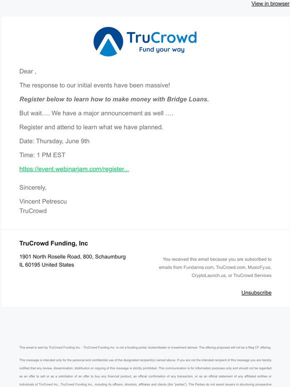 Tomorrow - Important Update from TruCrowd Funding’s Bridge Loan Program
