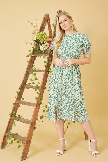 Mela Green Ditsy Floral Shirred Waist Midi Dress
