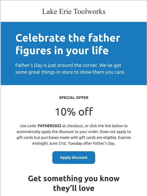 Lake Erie Toolworks Father's Day Sale - 10% off until June 21th!  Blades in stock, limited quantity.
