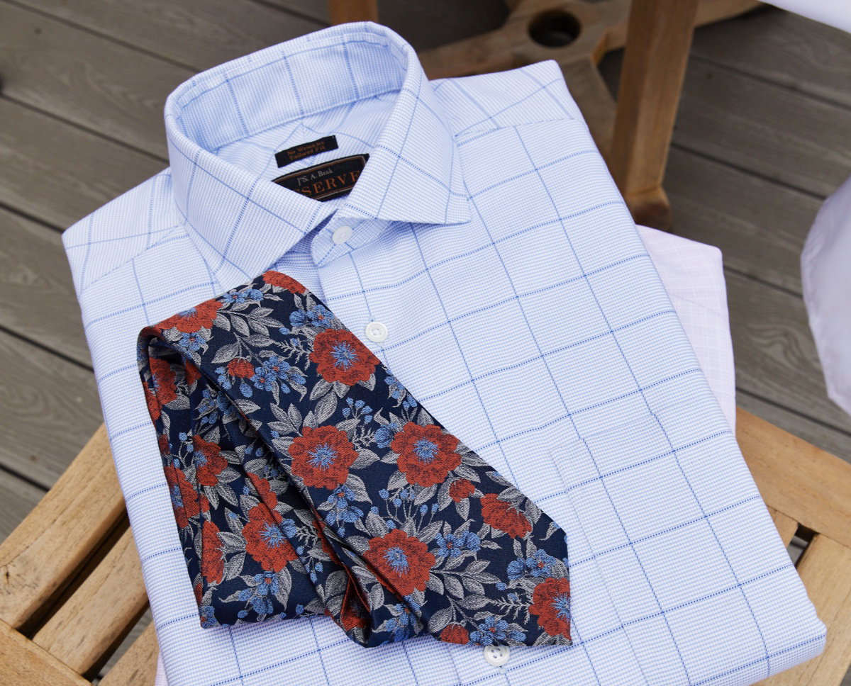 Blue check Dress Shirt with floral tie