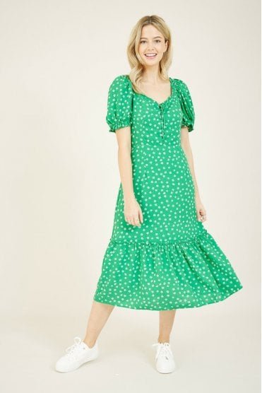 Green Ditsy Floral Gypsy Midi Dress