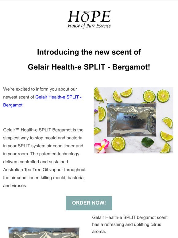 Gelair Health-e SPLIT is now available in a new bergamot scent!