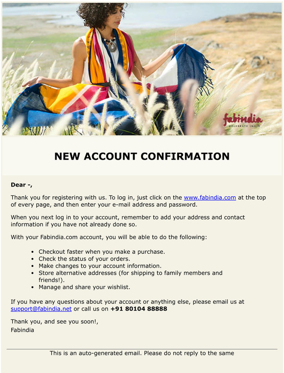 Fabindia Account Registration Confirmation