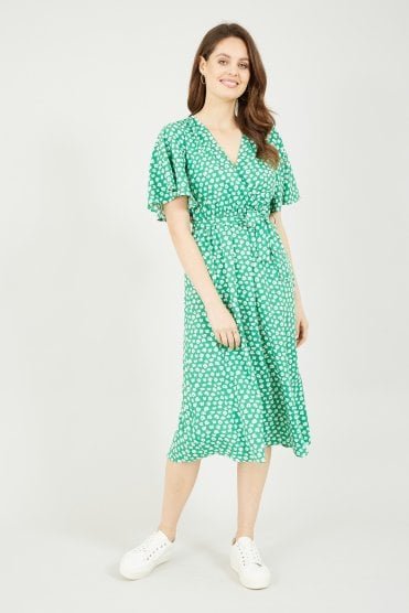 Green Daisy Print Wrap Dress