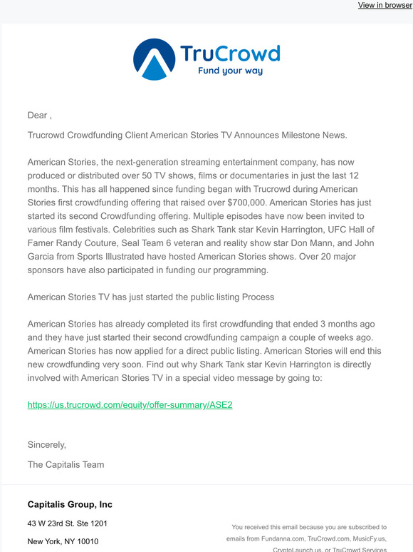 TruCrowd Crowdfunding Client American Stories Television Announces Milestones
