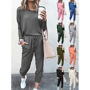 Women's Sweatsuit 2 Piece Set Drawstring Pocket Loose Fit Minimalist Crew Neck Polyester Solid Color Cute Sport Athleisure Clothing Suit Long Sleeve Soft Oversized Comfortable Running Everyday Use